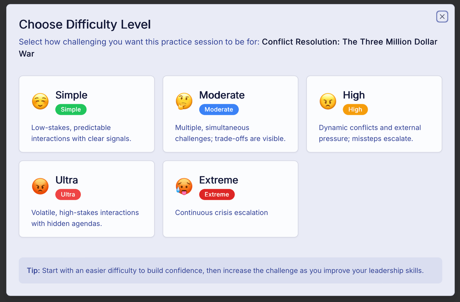 Difficulty selection showing five levels from Simple to Extreme with detailed descriptions