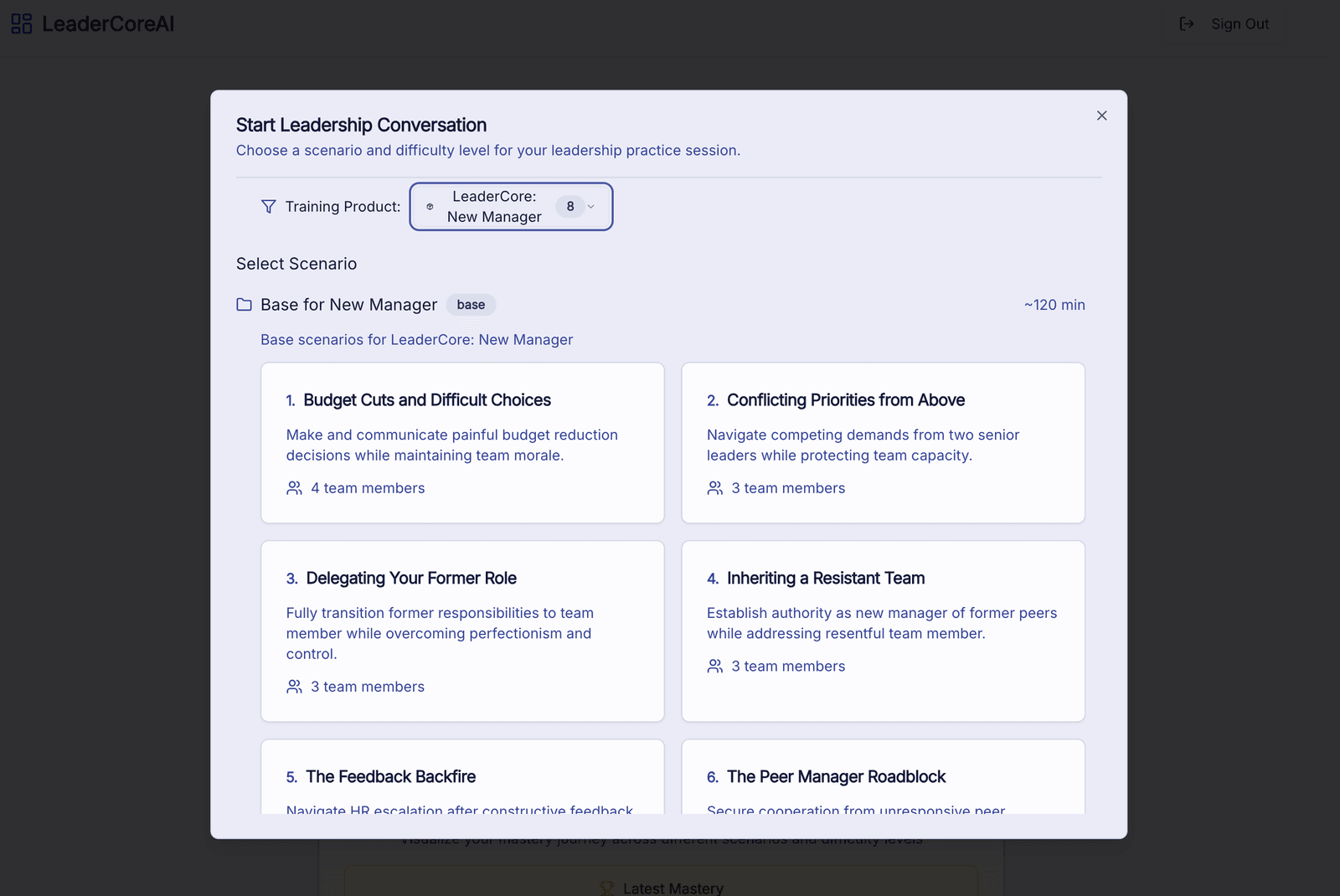 Scenario selection screen showing various leadership challenges including budget cuts, conflicting priorities, and team management