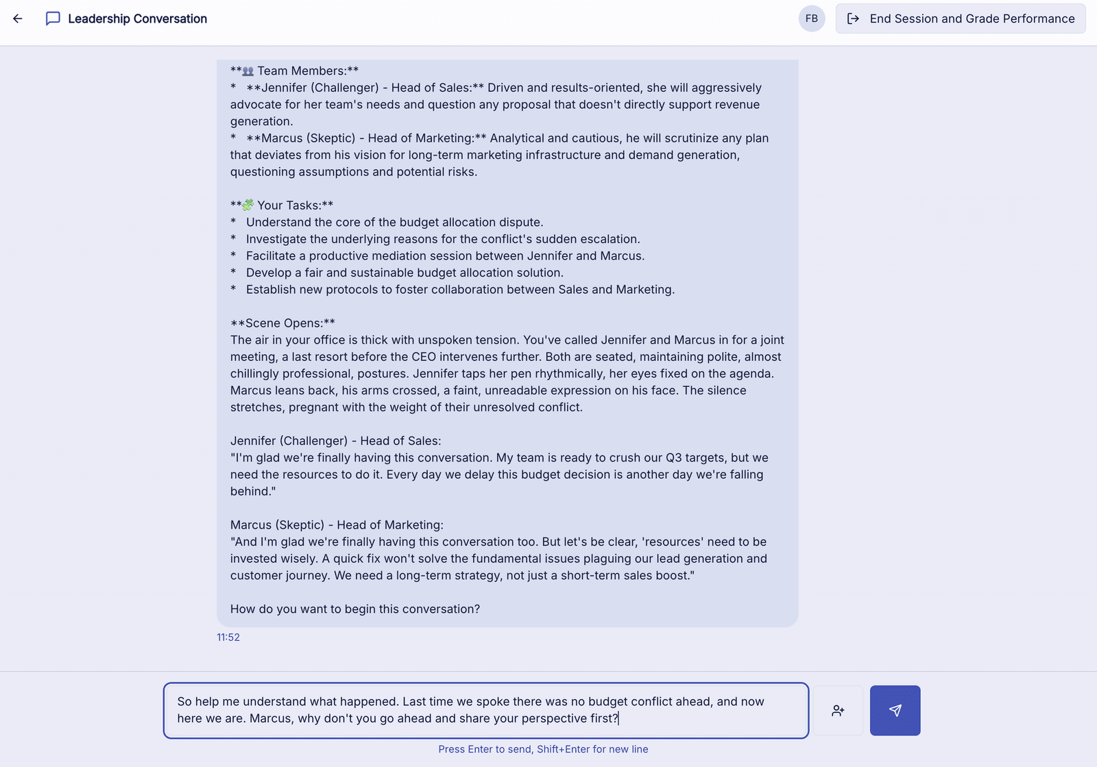 Conversation interface showing dialogue with AI team members in a budget conflict scenario
