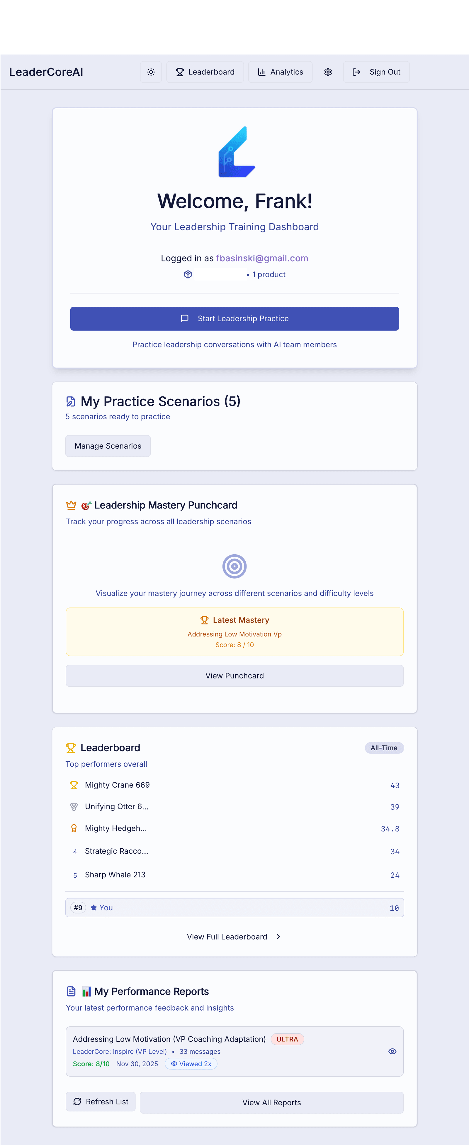 LeaderCoreAI dashboard showing training products, mastery punchcard, and performance reports