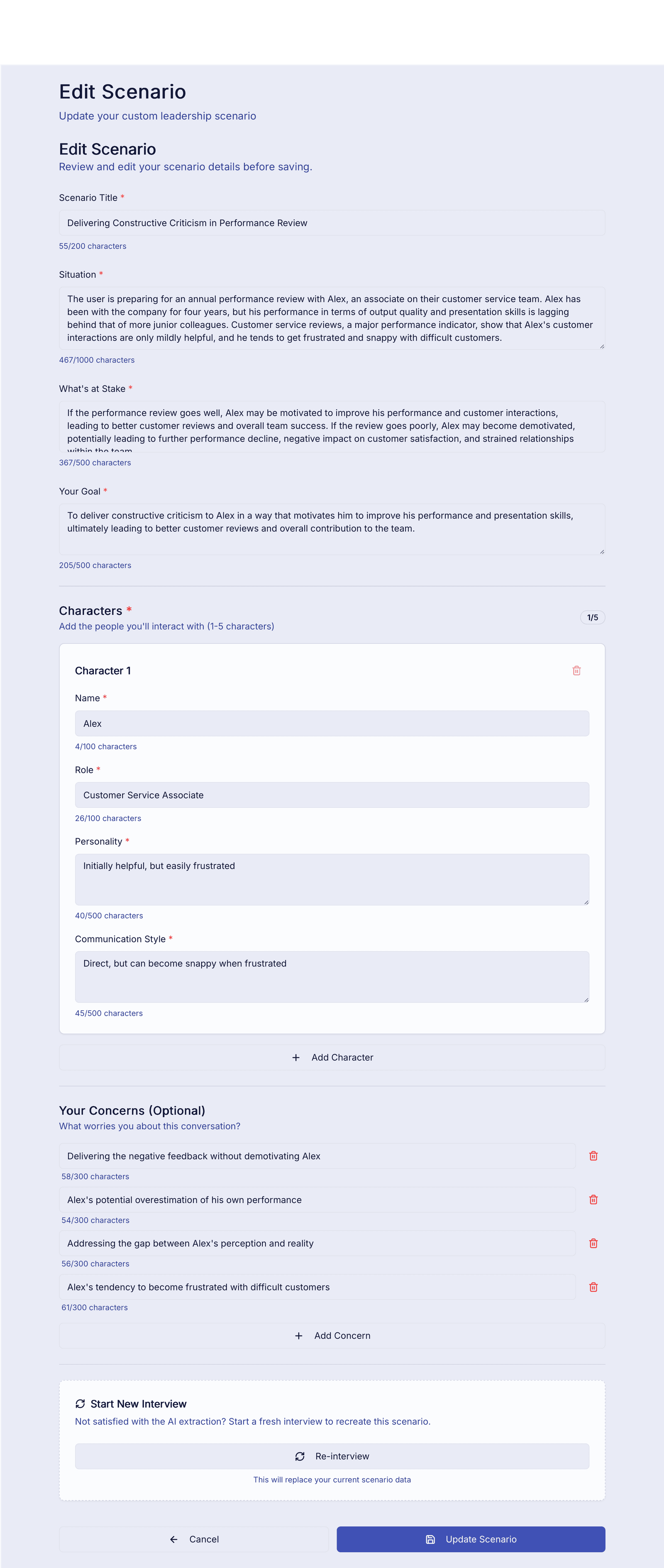 Private scenarios feature allowing users to create custom leadership simulations